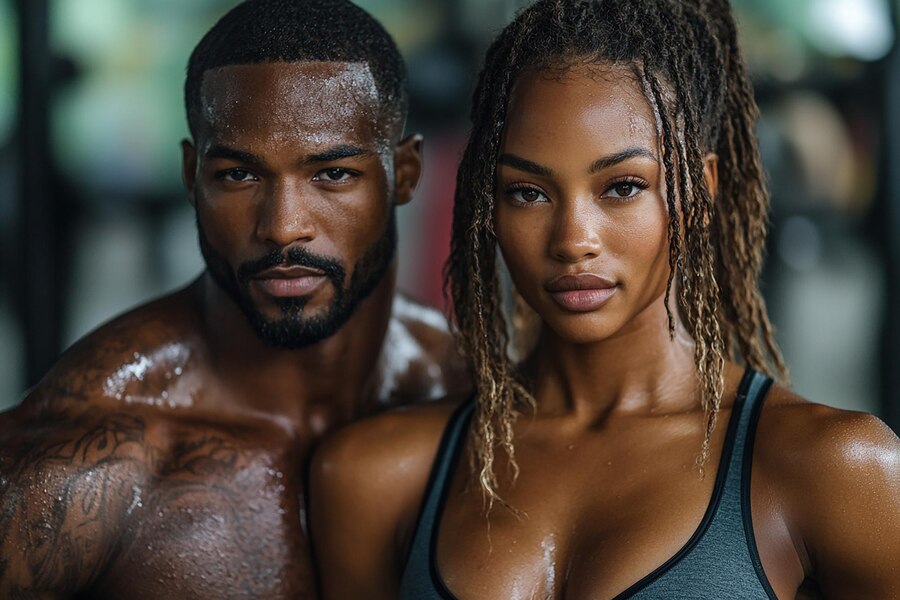 A man and woman pose in the gym