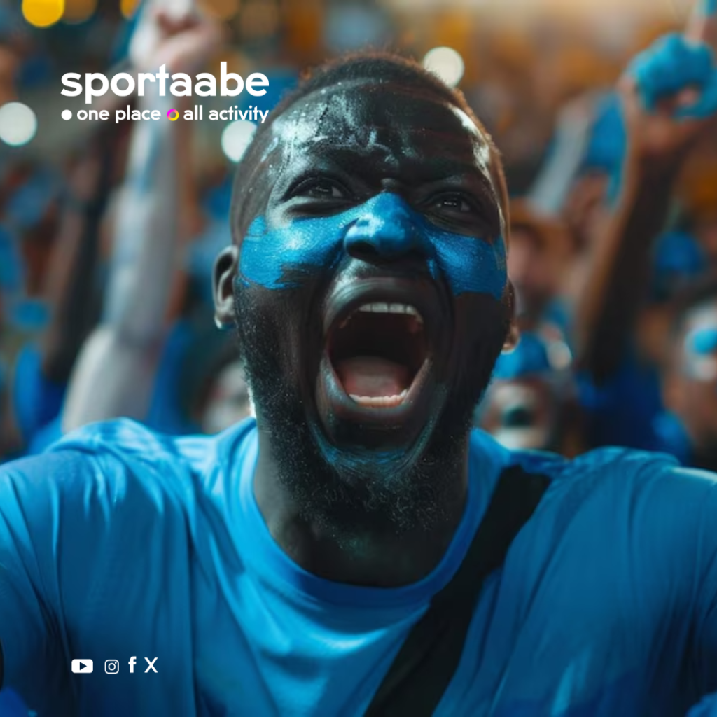 Sport Stade Grand événement Bel homme noir acclamant une foule de fans criant des acclamations pour la victoire de leur équipe
