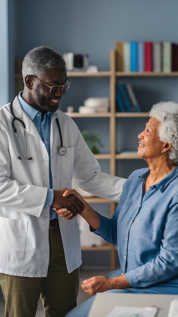 Médecin souriant serrant la main d'une patiente âgée lors d'une consultation à l'hôpital